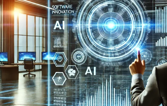 DALL·E 2025-02-06 15.29.17 - A futuristic digital environment showcasing software innovation. A glowing holographic interface displays data, charts, and AI-driven analytics. A pro