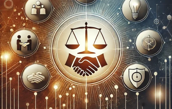 DALL·E 2025-02-07 08.32.48 - A symbolic representation of company values without human presence. The image features elegant icons such as a balance scale for integrity, a shield f